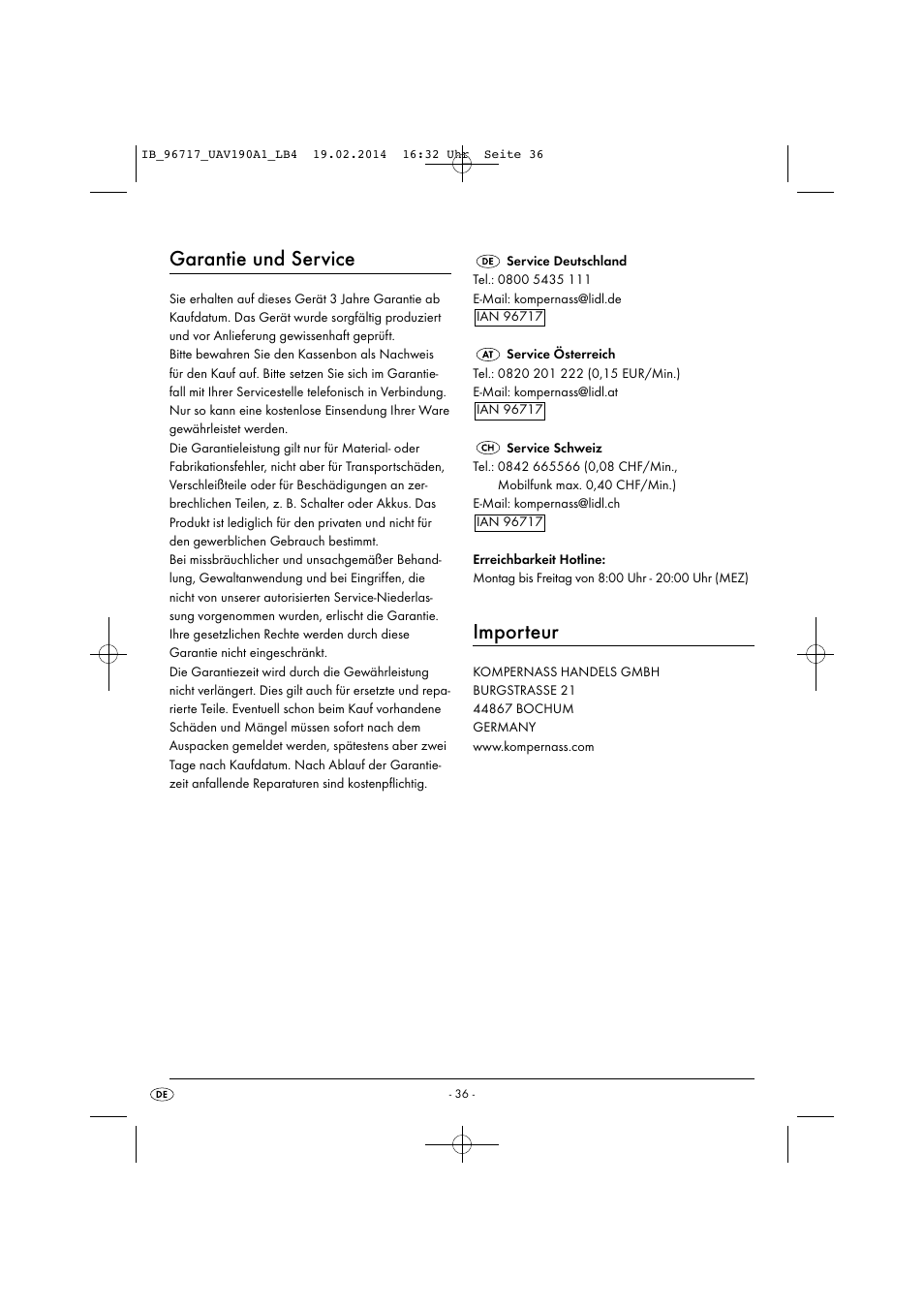 Garantie und service, Importeur | United Office UAV 190 A1 User Manual | Page 39 / 40