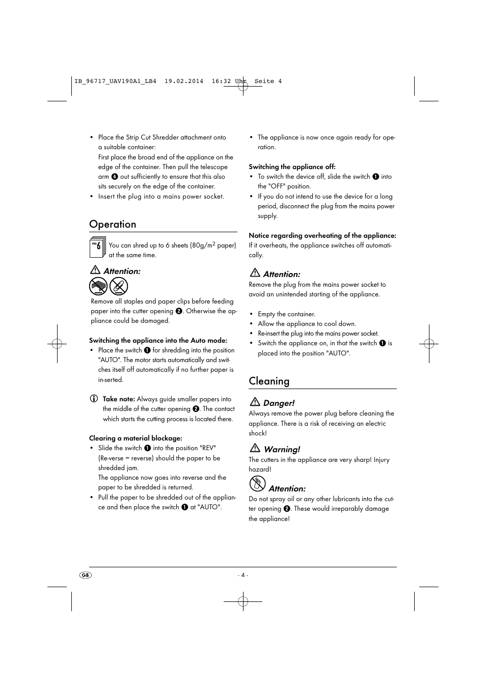 Operation, Cleaning, Attention | Danger, Warning | United Office UAV 190 A1 User Manual | Page 7 / 40