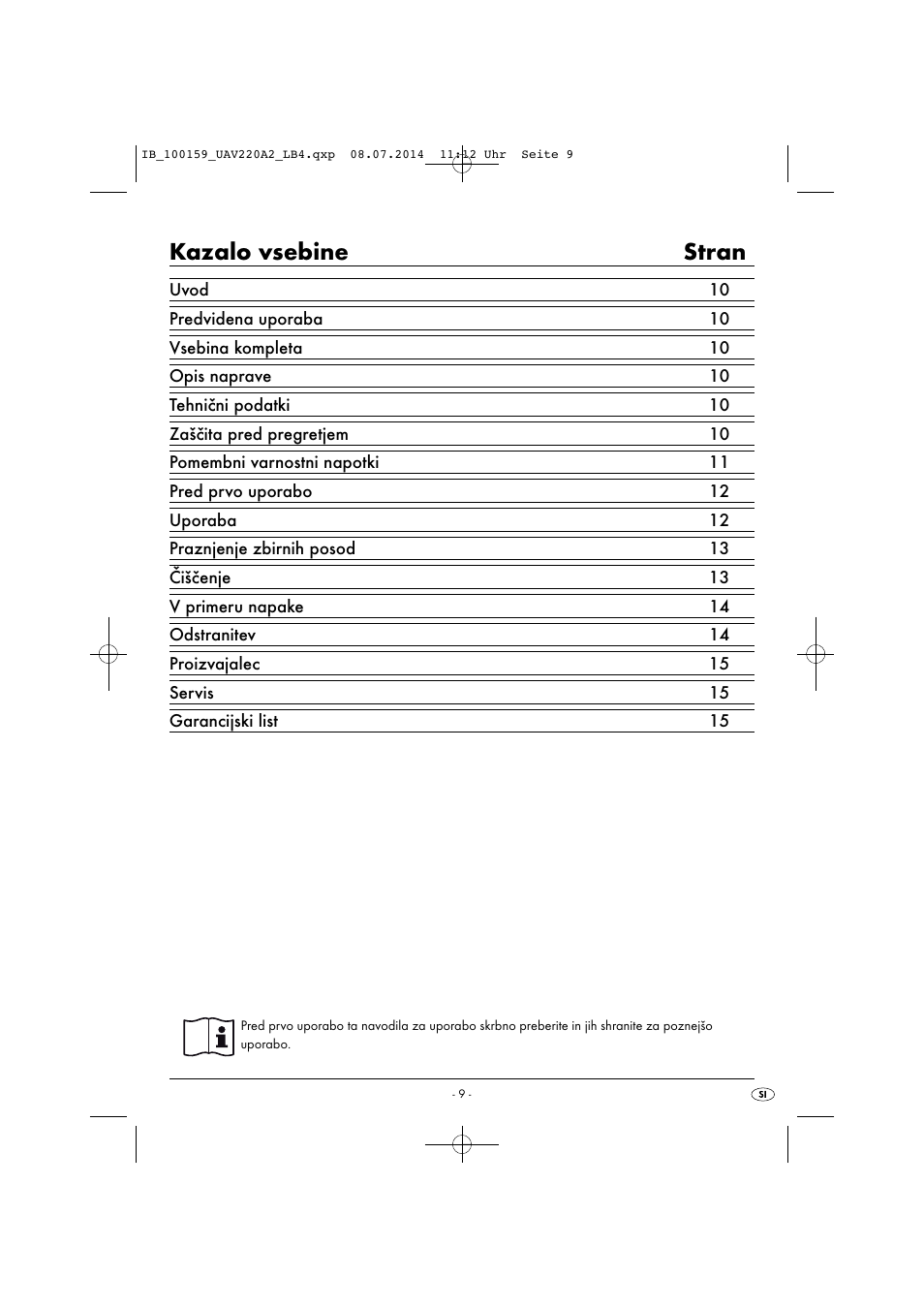 Kazalo vsebine stran | United Office UAV 220 A2 User Manual | Page 12 / 43