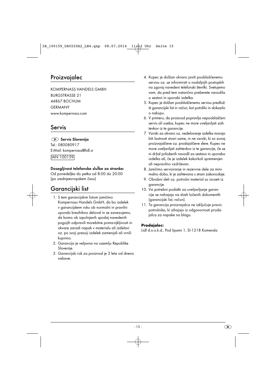 Proizvajalec, Servis, Garancijski list | United Office UAV 220 A2 User Manual | Page 18 / 43
