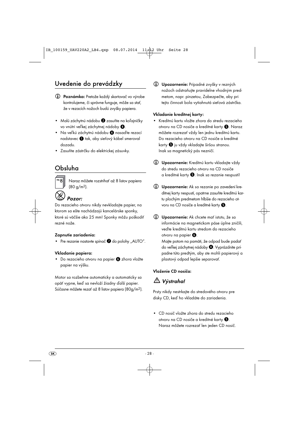 Uvedenie do prevádzky, Obsluha | United Office UAV 220 A2 User Manual | Page 31 / 43
