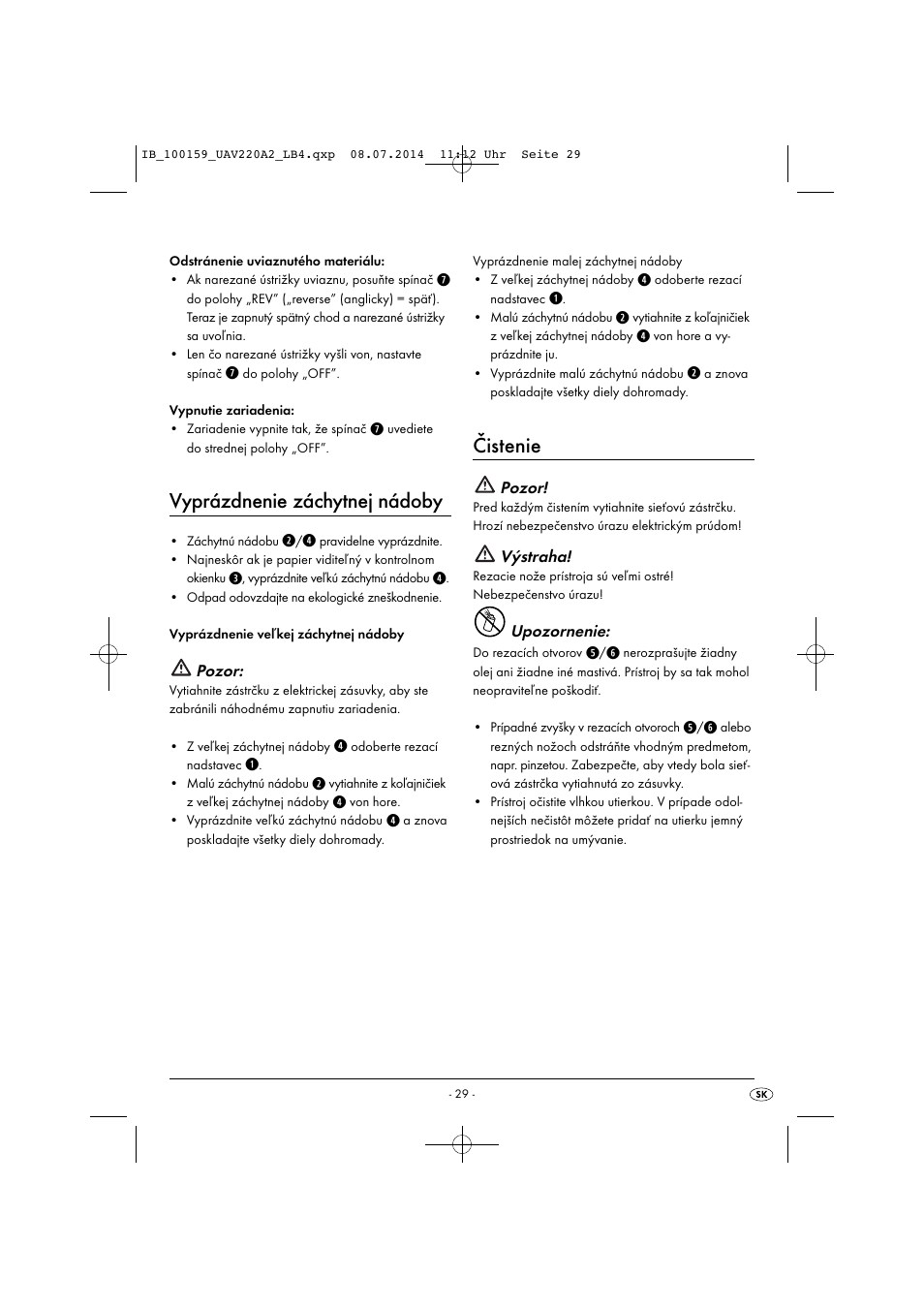 Vyprázdnenie záchytnej nádoby, Čistenie | United Office UAV 220 A2 User Manual | Page 32 / 43