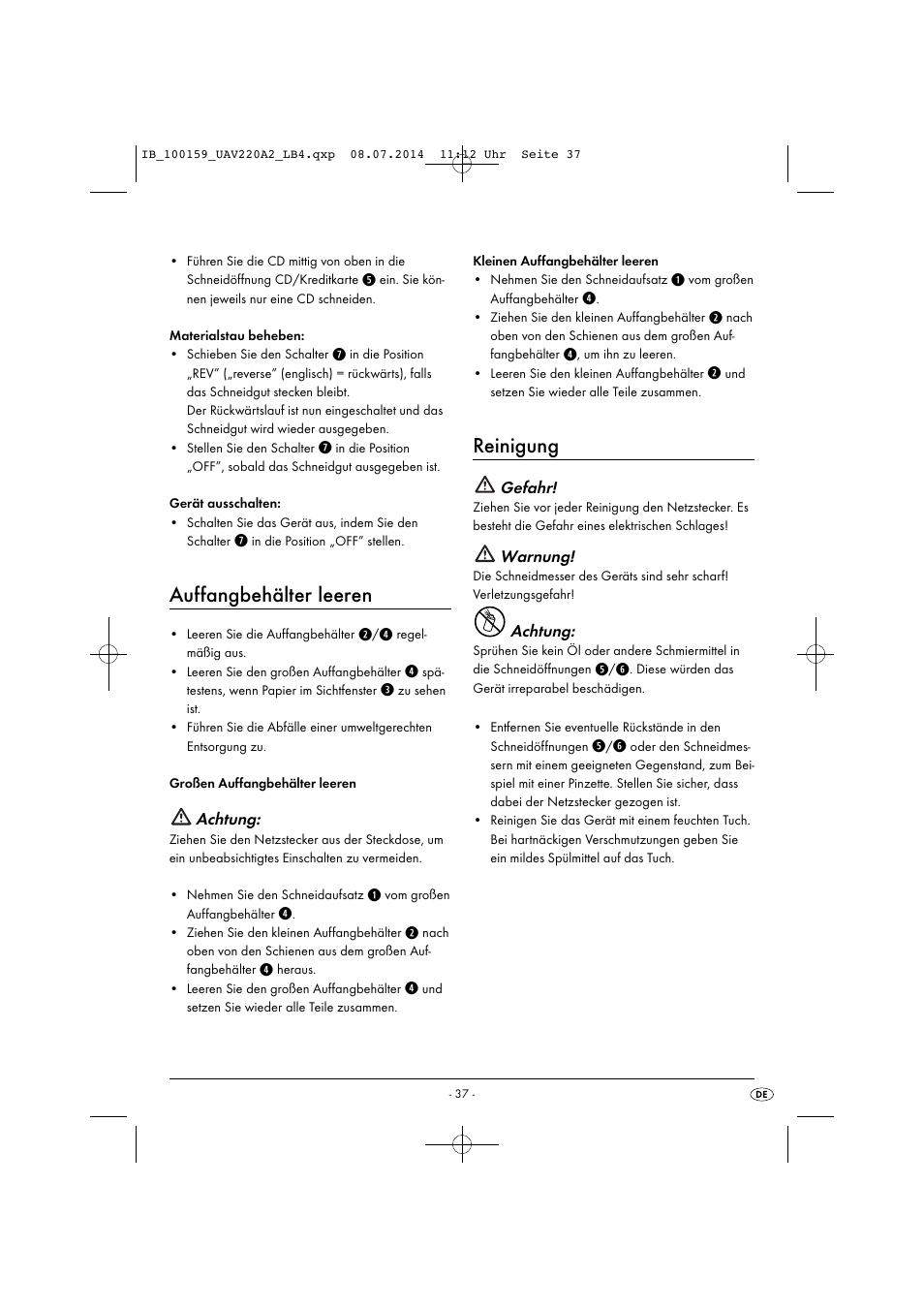 Auffangbehälter leeren, Reinigung | United Office UAV 220 A2 User Manual | Page 40 / 43