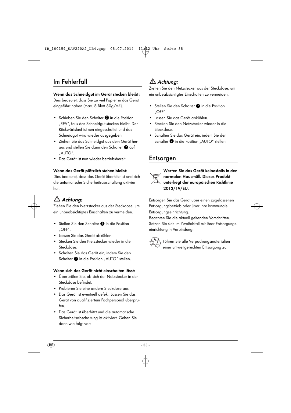 Im fehlerfall, Entsorgen, Achtung | United Office UAV 220 A2 User Manual | Page 41 / 43