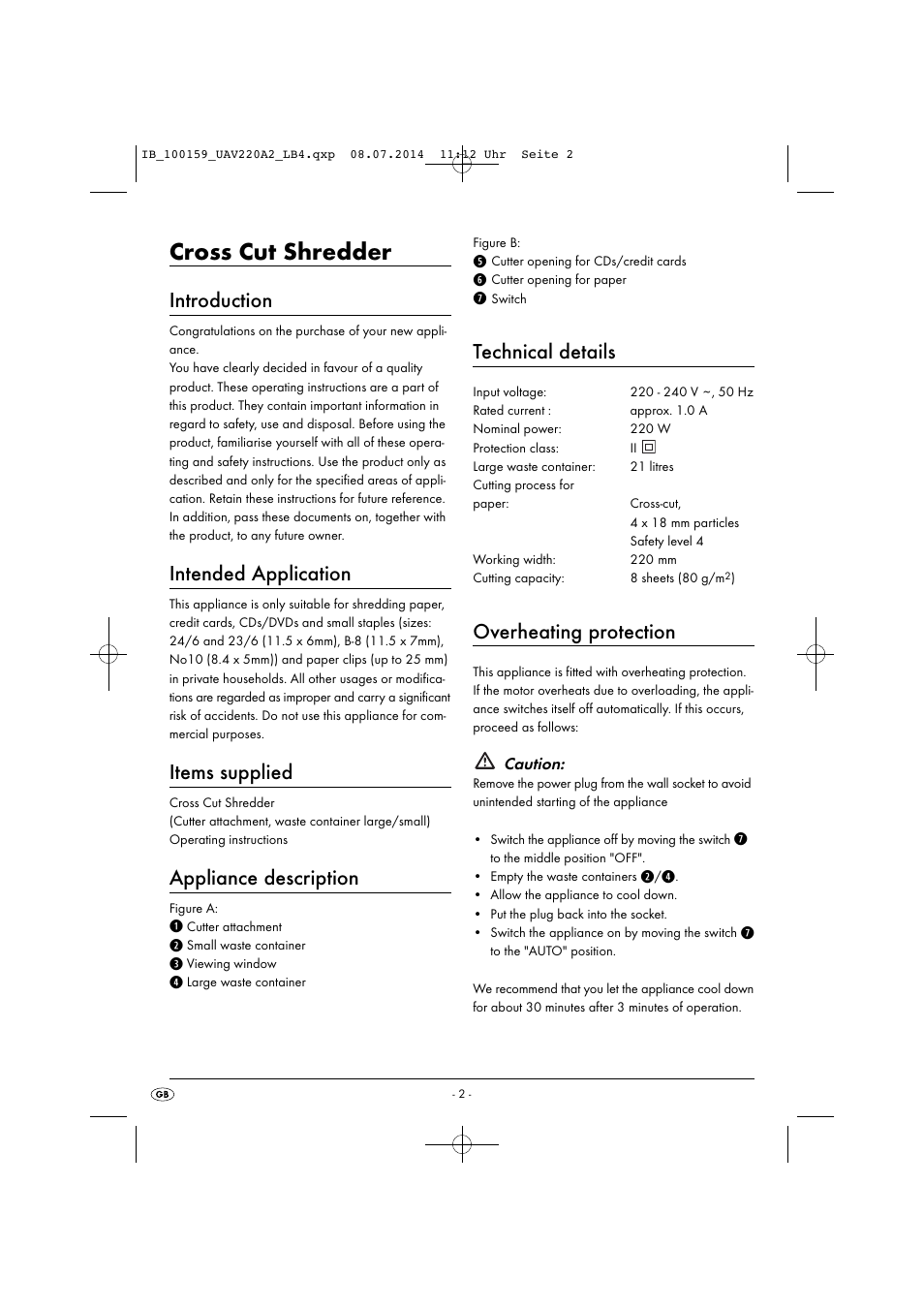 Cross cut shredder, Introduction, Intended application | Items supplied, Appliance description, Technical details, Overheating protection | United Office UAV 220 A2 User Manual | Page 5 / 43