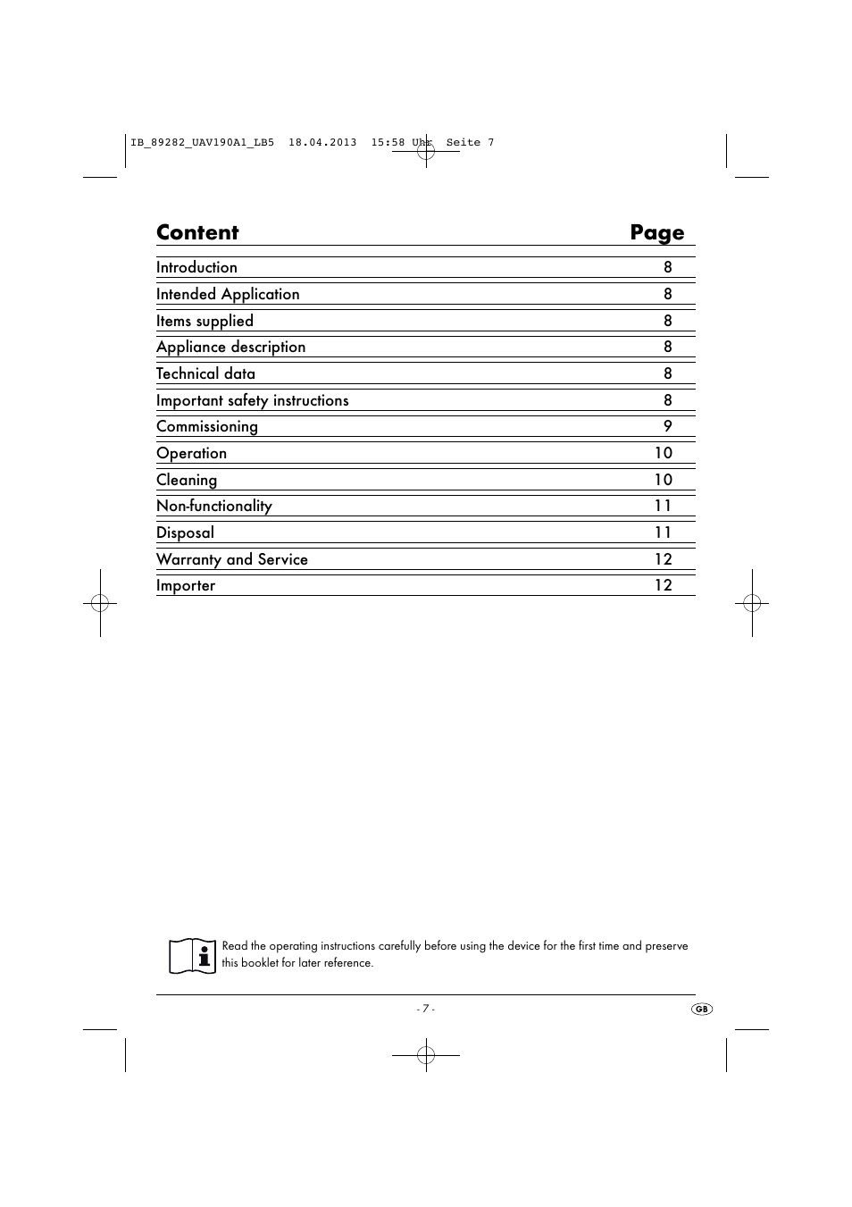 Content page | United Office UAV 190 A1 User Manual | Page 10 / 22