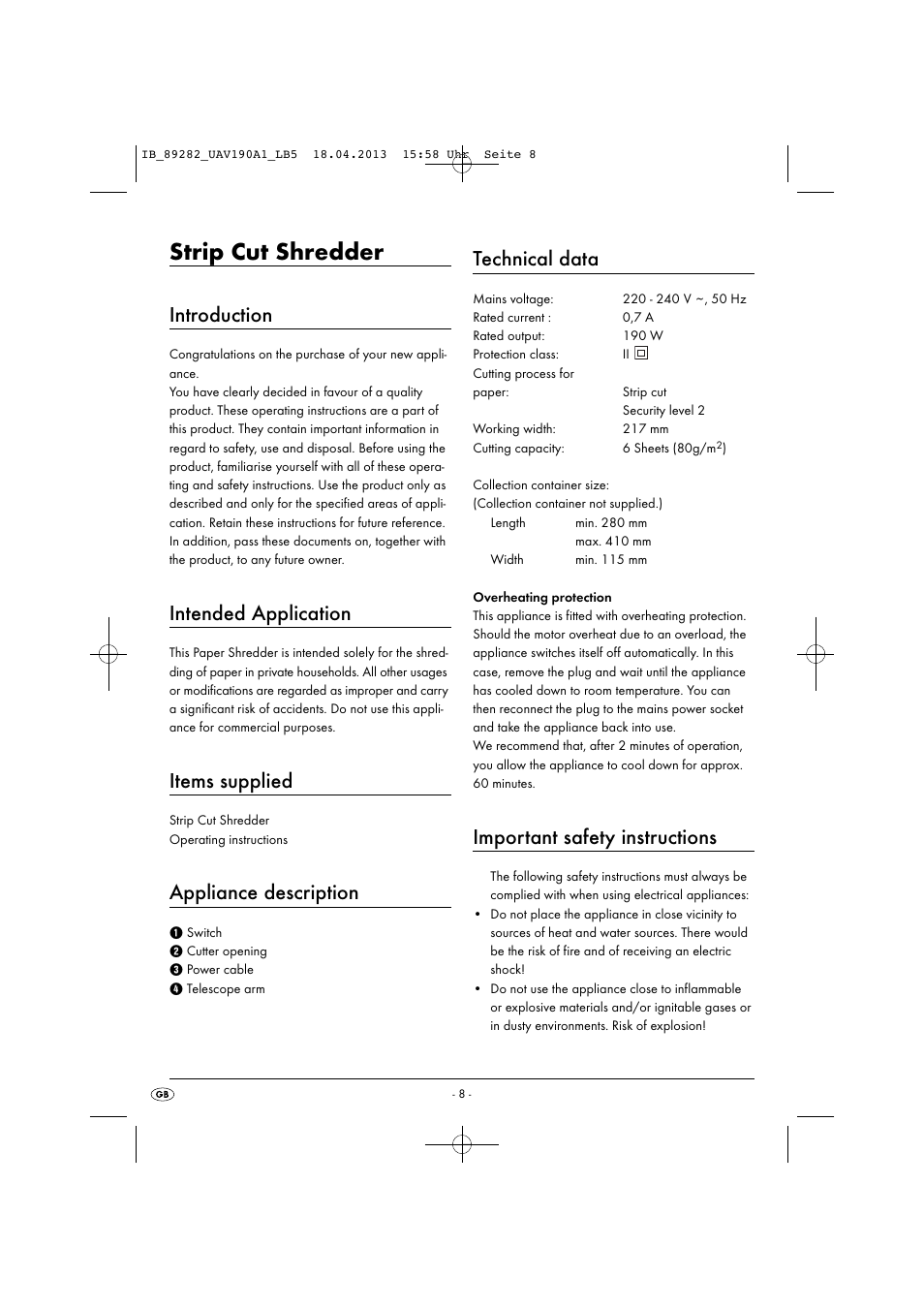 Strip cut shredder, Introduction, Intended application | Items supplied, Appliance description, Technical data, Important safety instructions | United Office UAV 190 A1 User Manual | Page 11 / 22