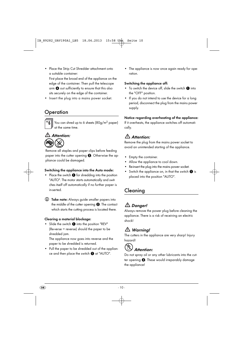 Operation, Cleaning, Attention | Danger, Warning | United Office UAV 190 A1 User Manual | Page 13 / 22