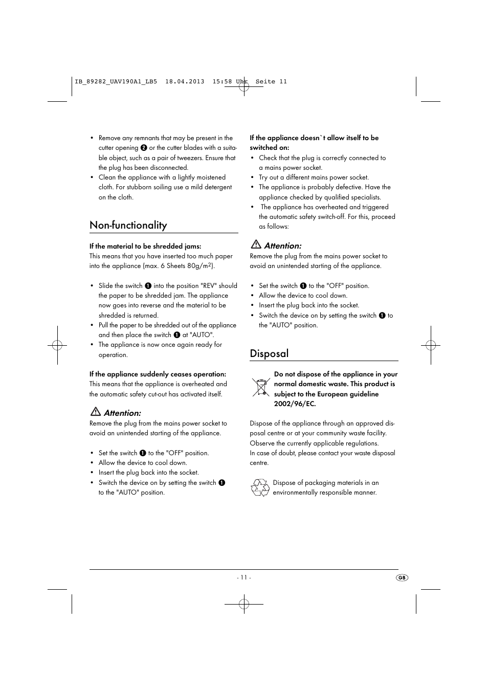 Non-functionality, Disposal, Attention | United Office UAV 190 A1 User Manual | Page 14 / 22