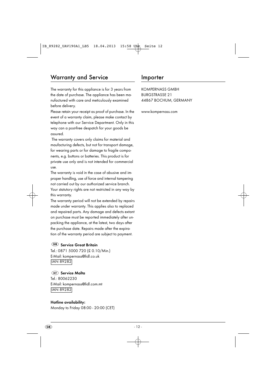 Warranty and service, Importer | United Office UAV 190 A1 User Manual | Page 15 / 22