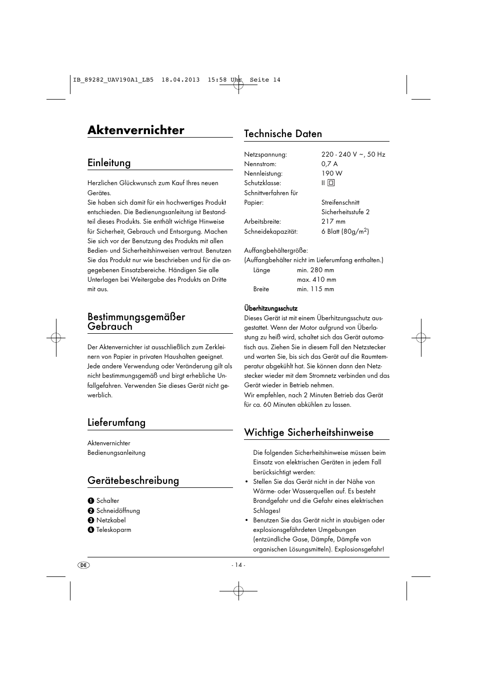 Aktenvernichter, Einleitung, Bestimmungsgemäßer gebrauch | Lieferumfang, Gerätebeschreibung, Technische daten, Wichtige sicherheitshinweise | United Office UAV 190 A1 User Manual | Page 17 / 22