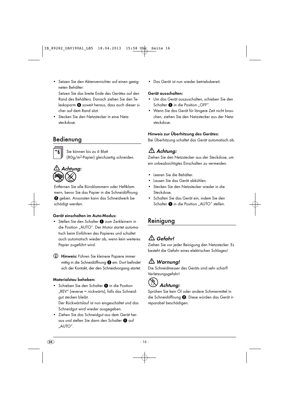 Bedienung, Reinigung, Achtung | Gefahr, Warnung | United Office UAV 190 A1 User Manual | Page 19 / 22