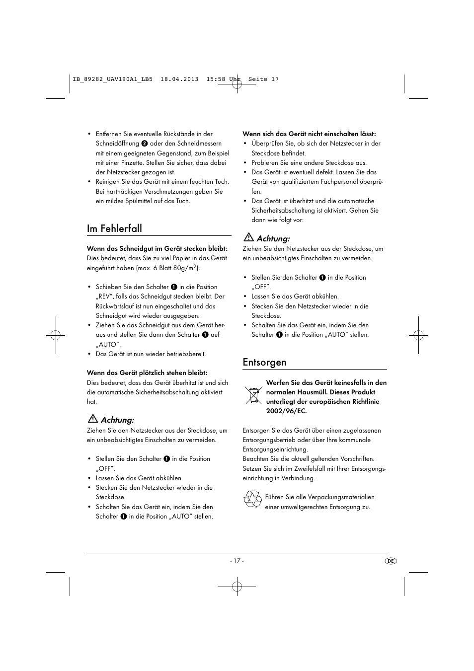Im fehlerfall, Entsorgen, Achtung | United Office UAV 190 A1 User Manual | Page 20 / 22