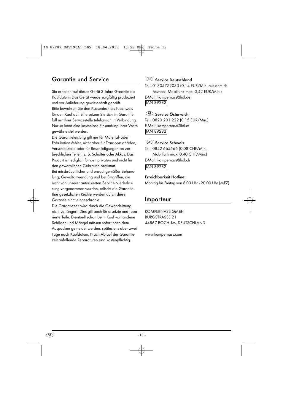 Garantie und service, Importeur | United Office UAV 190 A1 User Manual | Page 21 / 22