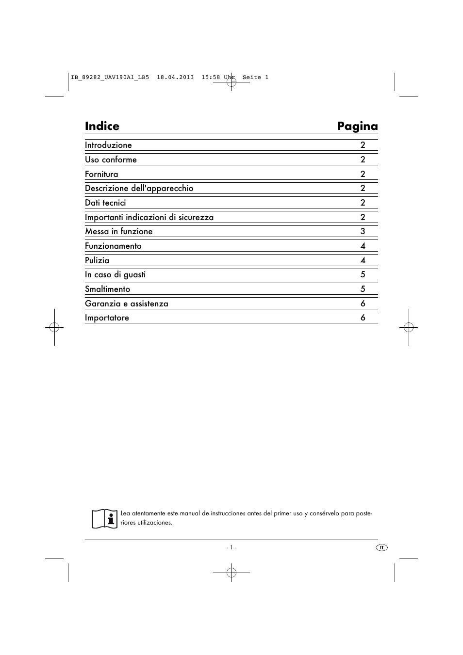 Indice pagina | United Office UAV 190 A1 User Manual | Page 4 / 22