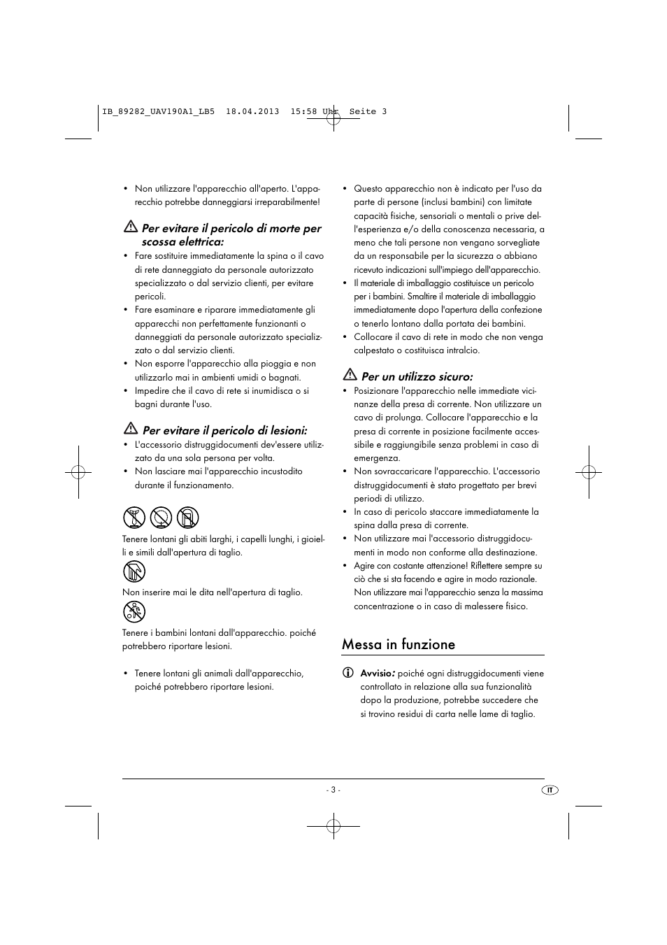 Messa in funzione, Per evitare il pericolo di lesioni, Per un utilizzo sicuro | United Office UAV 190 A1 User Manual | Page 6 / 22