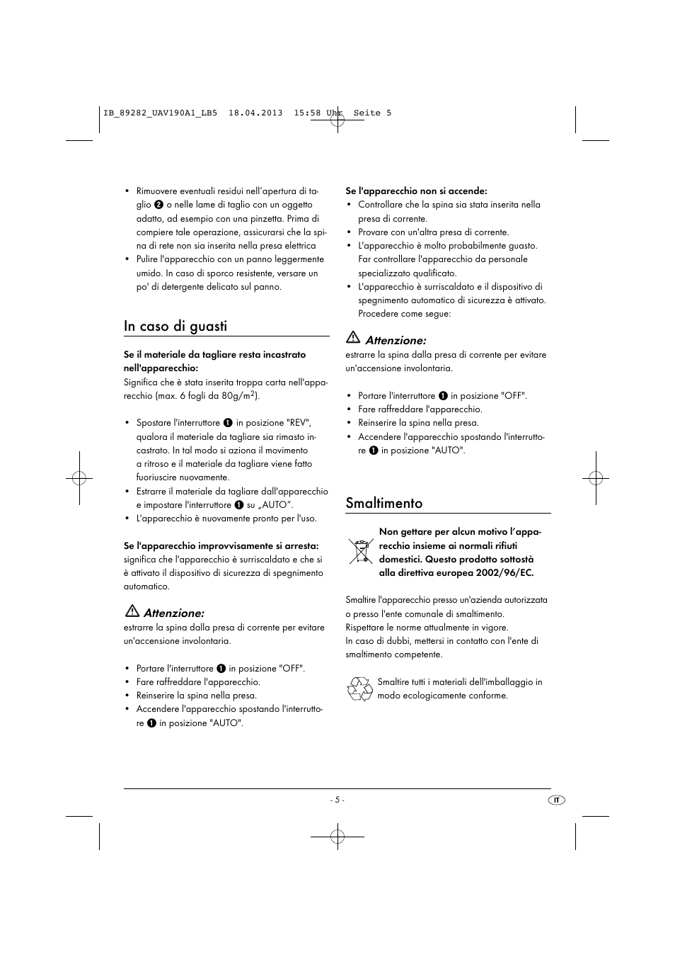 Smaltimento, Attenzione | United Office UAV 190 A1 User Manual | Page 8 / 22