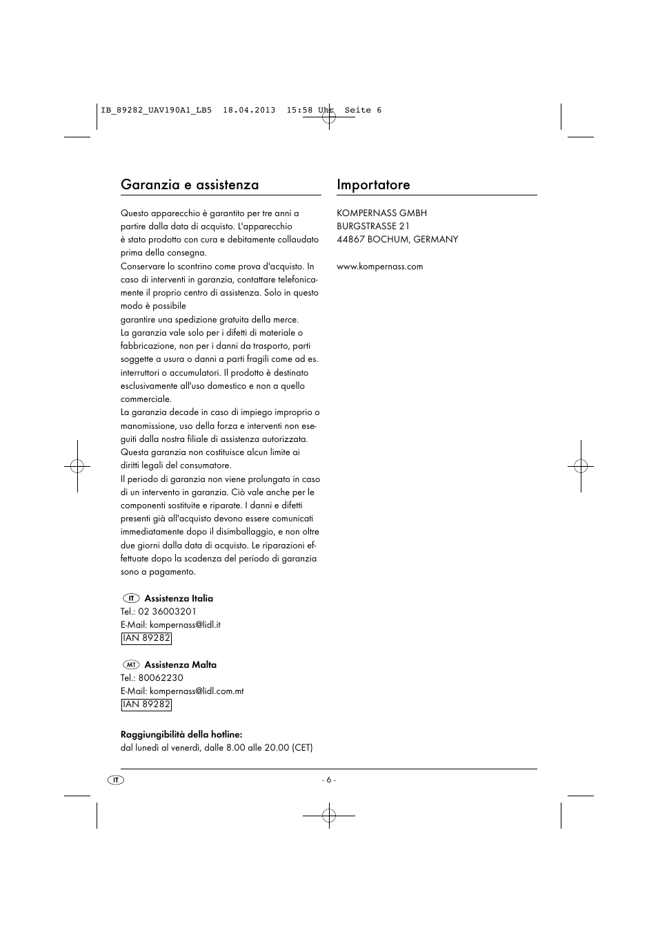 Garanzia e assistenza, Importatore | United Office UAV 190 A1 User Manual | Page 9 / 22