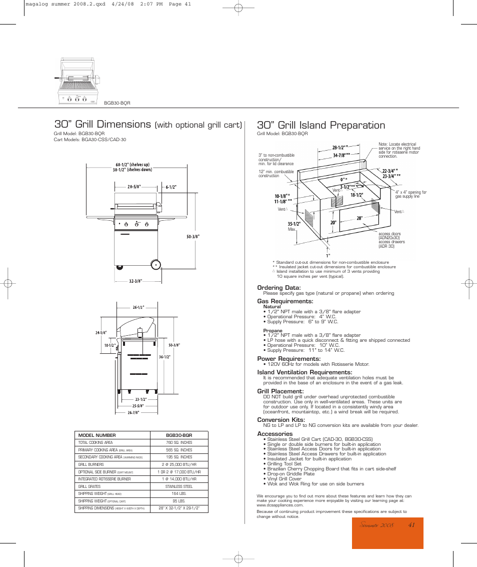 30” grill dimensions, 30” grill island preparation, With optional grill cart) | DCS 30" Professional Grill OGP30iN User Manual | Page 2 / 2