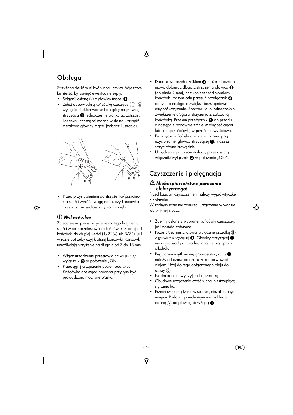 Obsługa, Czyszczenie i pielęgnacja, Wskazówka | Niebezpieczeństwo porażenia elektrycznego | Zoofari Animal Hair Trimmer ZTSD 36 A1 User Manual | Page 10 / 61