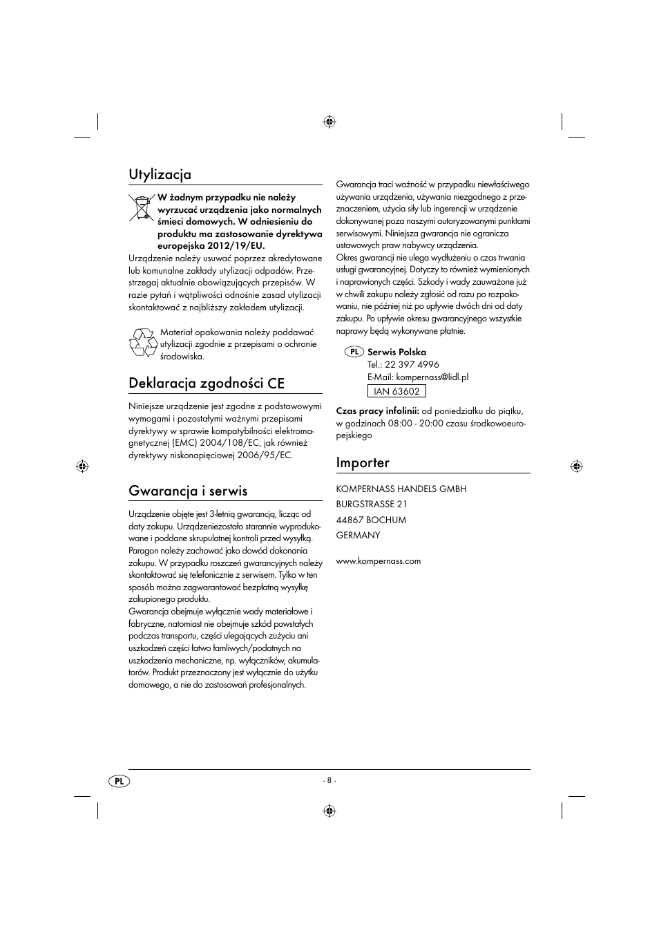 Utylizacja, Deklaracja zgodności ce, Gwarancja i serwis | Importer | Zoofari Animal Hair Trimmer ZTSD 36 A1 User Manual | Page 11 / 61