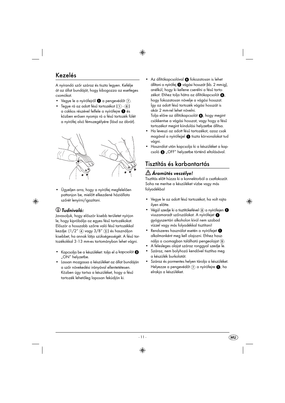 Kezelés, Tisztítás és karbantartás, Tudnivaló | Áramütés veszélye | Zoofari Animal Hair Trimmer ZTSD 36 A1 User Manual | Page 14 / 61