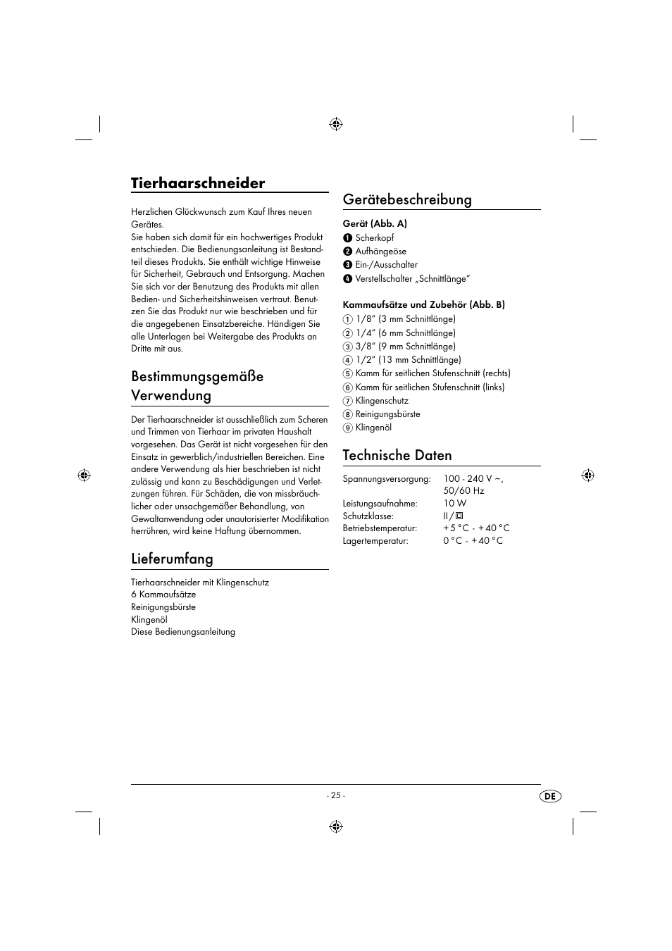 Tierhaarschneider, Bestimmungsgemäße verwendung, Lieferumfang | Gerätebeschreibung, Technische daten | Zoofari Animal Hair Trimmer ZTSD 36 A1 User Manual | Page 28 / 61