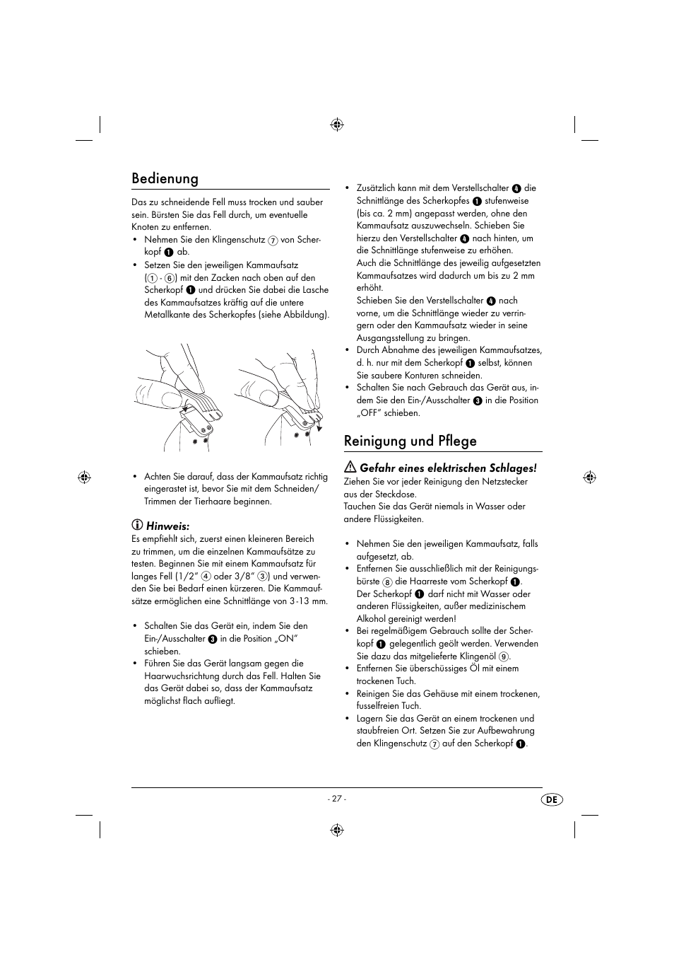 Bedienung, Reinigung und pﬂ ege, Hinweis | Gefahr eines elektrischen schlages | Zoofari Animal Hair Trimmer ZTSD 36 A1 User Manual | Page 30 / 61