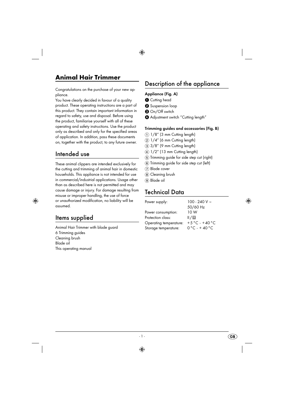 Animal hair trimmer, Intended use, Items supplied | Description of the appliance, Technical data | Zoofari Animal Hair Trimmer ZTSD 36 A1 User Manual | Page 4 / 61