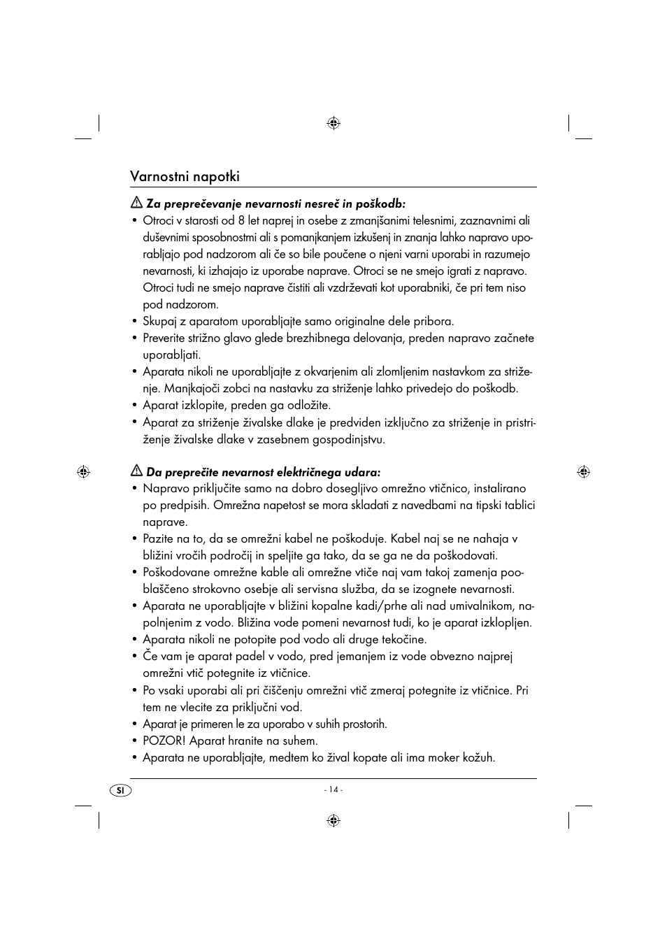 Varnostni napotki | Zoofari Animal Hair Trimmer ZTSD 36 A1 User Manual | Page 46 / 61