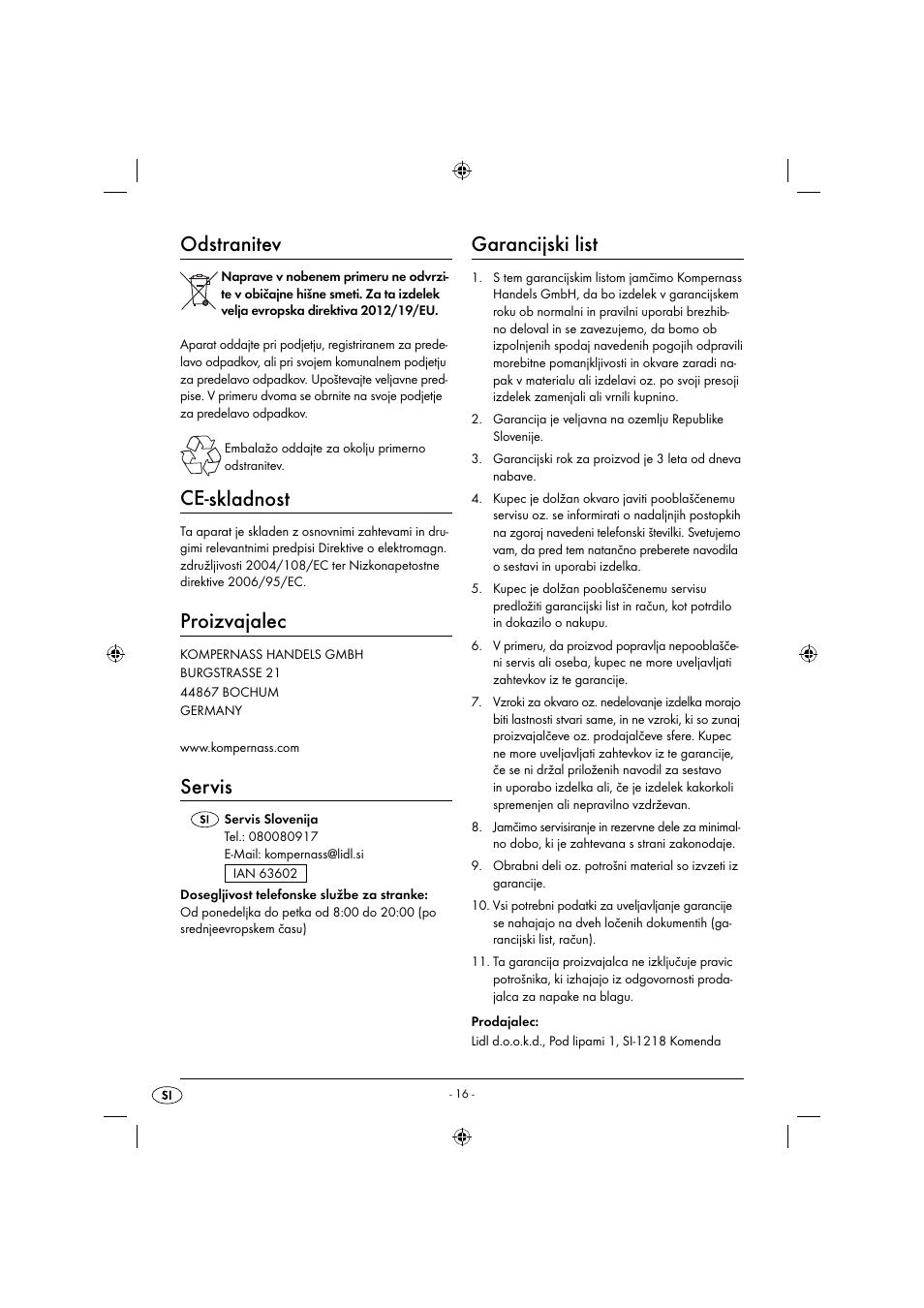 Odstranitev, Ce-skladnost, Proizvajalec | Servis, Garancijski list | Zoofari Animal Hair Trimmer ZTSD 36 A1 User Manual | Page 48 / 61