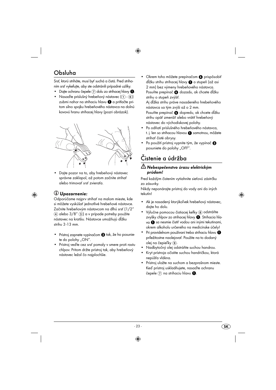 Obsluha, Čistenie a údržba, Upozornenie | Zoofari Animal Hair Trimmer ZTSD 36 A1 User Manual | Page 55 / 61