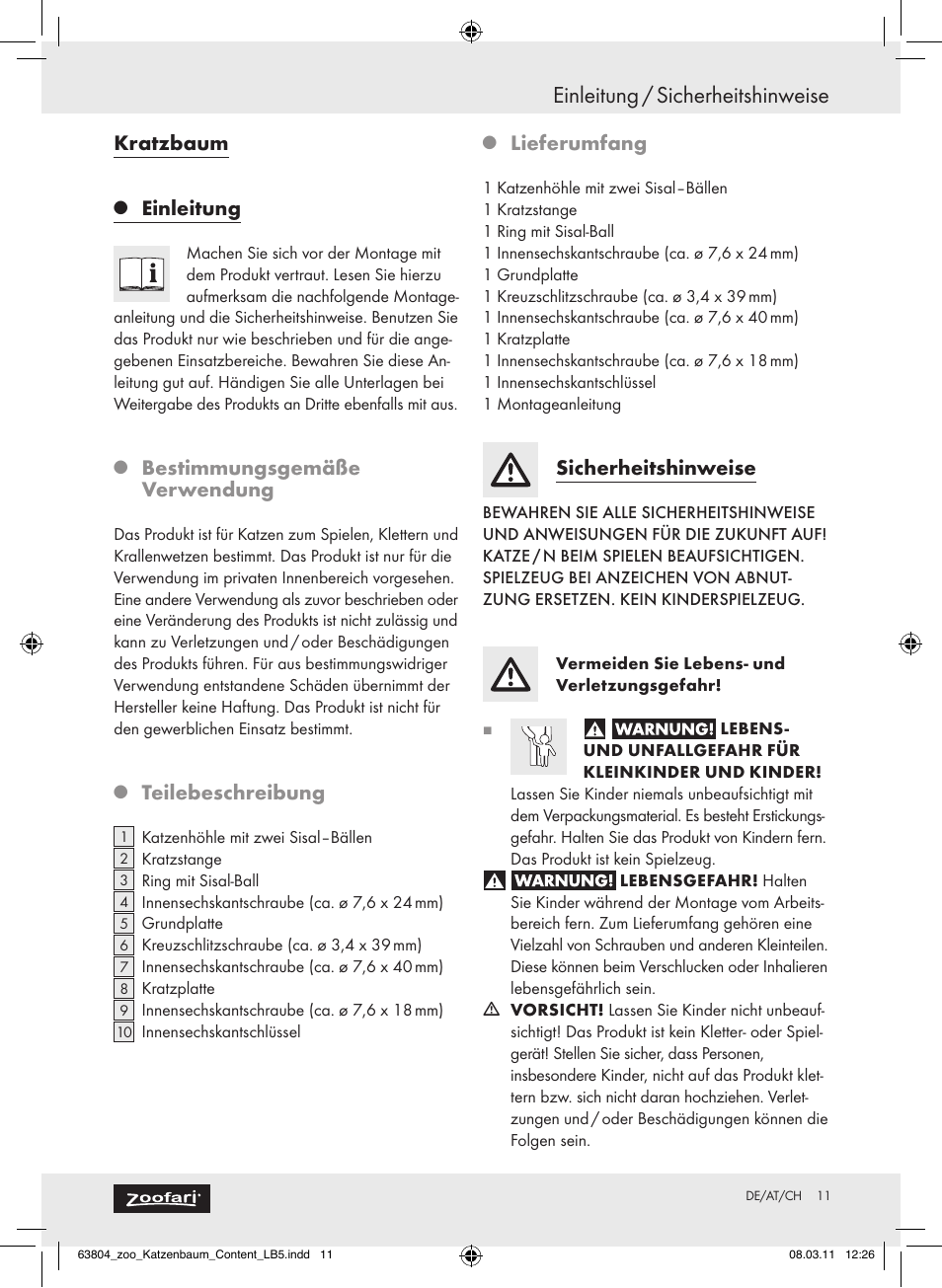 Einleitung / sicherheitshinweise, Kratzbaum, Einleitung | Bestimmungsgemäße verwendung, Teilebeschreibung, Lieferumfang, Sicherheitshinweise | Zoofari Scratching Post Z30854 User Manual | Page 9 / 11