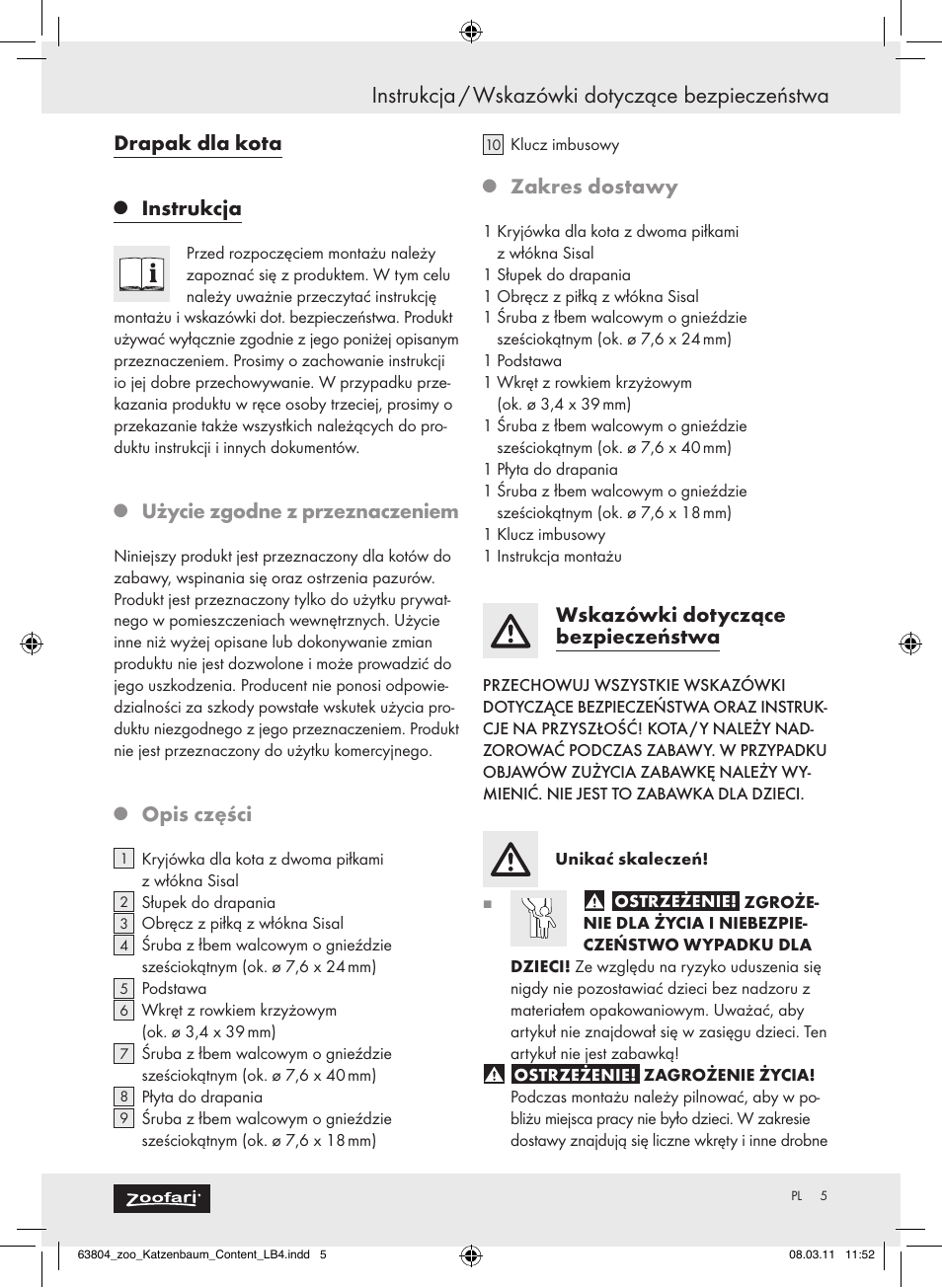 Instrukcja / wskazówki dotyczące bezpieczeństwa, Drapak dla kota, Instrukcja | Użycie zgodne z przeznaczeniem, Opis części, Zakres dostawy, Wskazówki dotyczące bezpieczeństwa | Zoofari Scratching Post Z30854 User Manual | Page 3 / 15