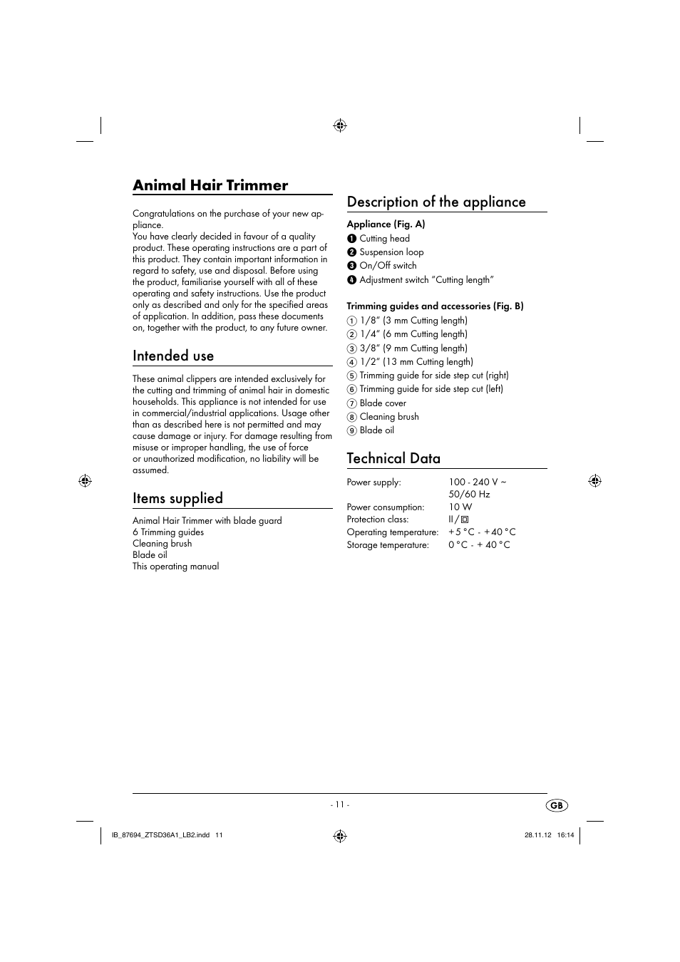 Animal hair trimmer, Intended use, Items supplied | Description of the appliance, Technical data | Zoofari Animal Hair Trimmer ZTSD 36 A1 User Manual | Page 14 / 17