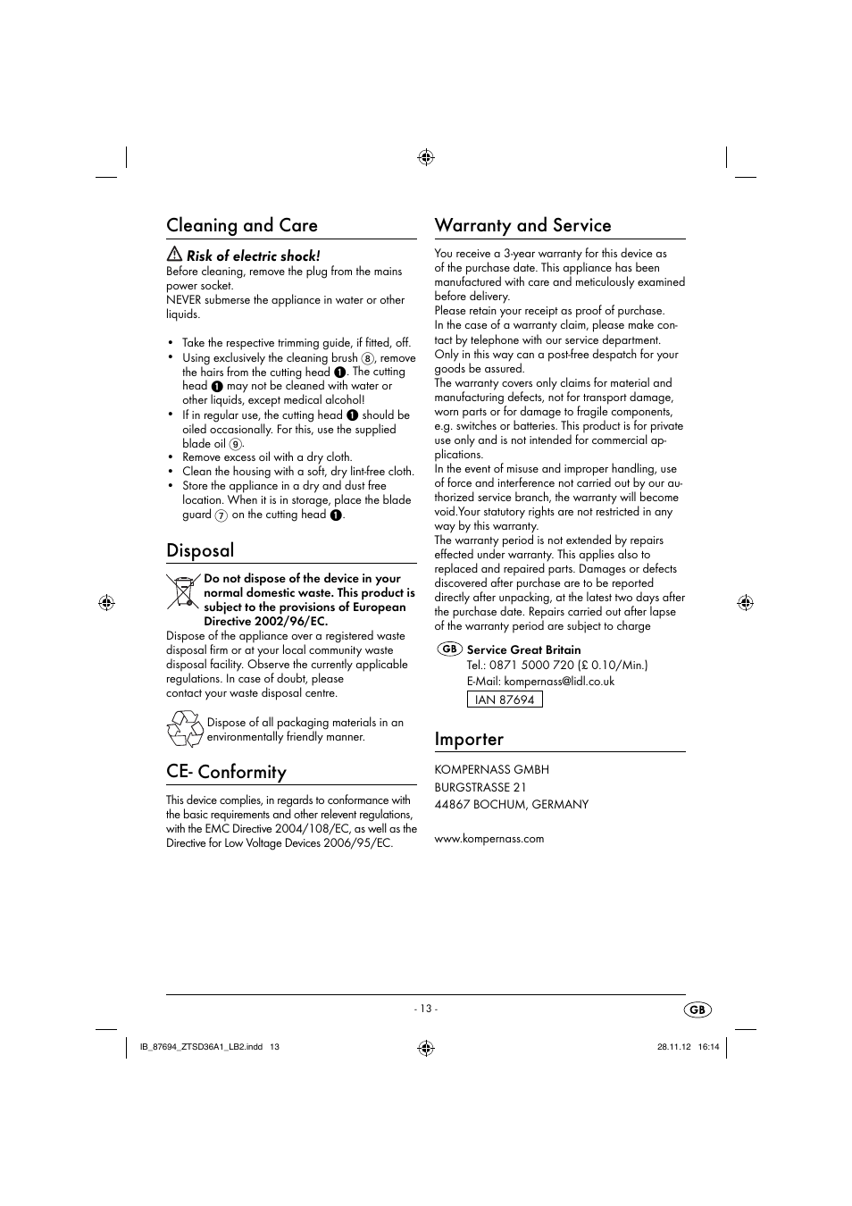 Cleaning and care, Disposal, Ce- conformity | Warranty and service, Importer, Risk of electric shock | Zoofari Animal Hair Trimmer ZTSD 36 A1 User Manual | Page 16 / 17