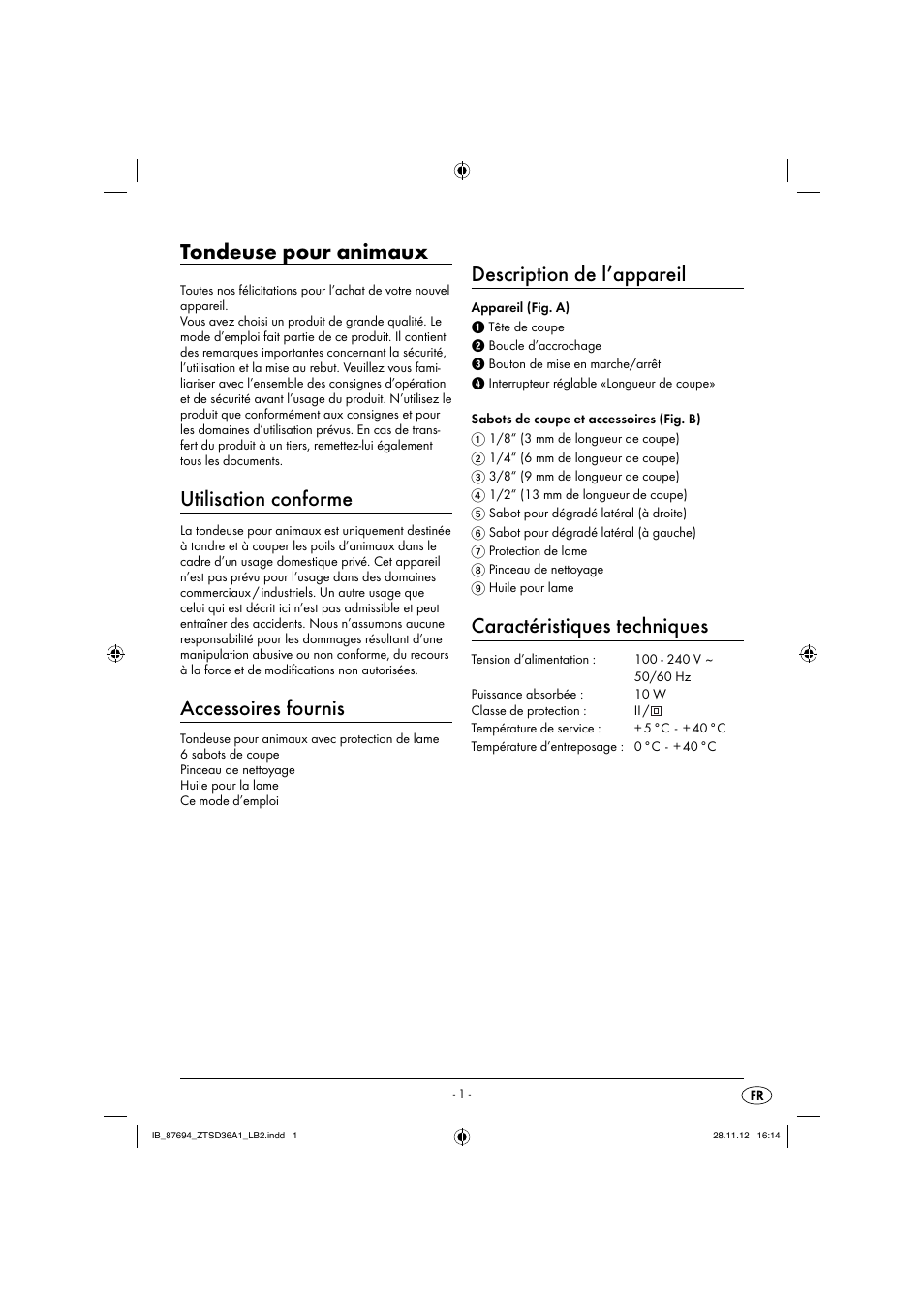 Tondeuse pour animaux, Utilisation conforme, Accessoires fournis | Description de l’appareil, Caractéristiques techniques | Zoofari Animal Hair Trimmer ZTSD 36 A1 User Manual | Page 4 / 17