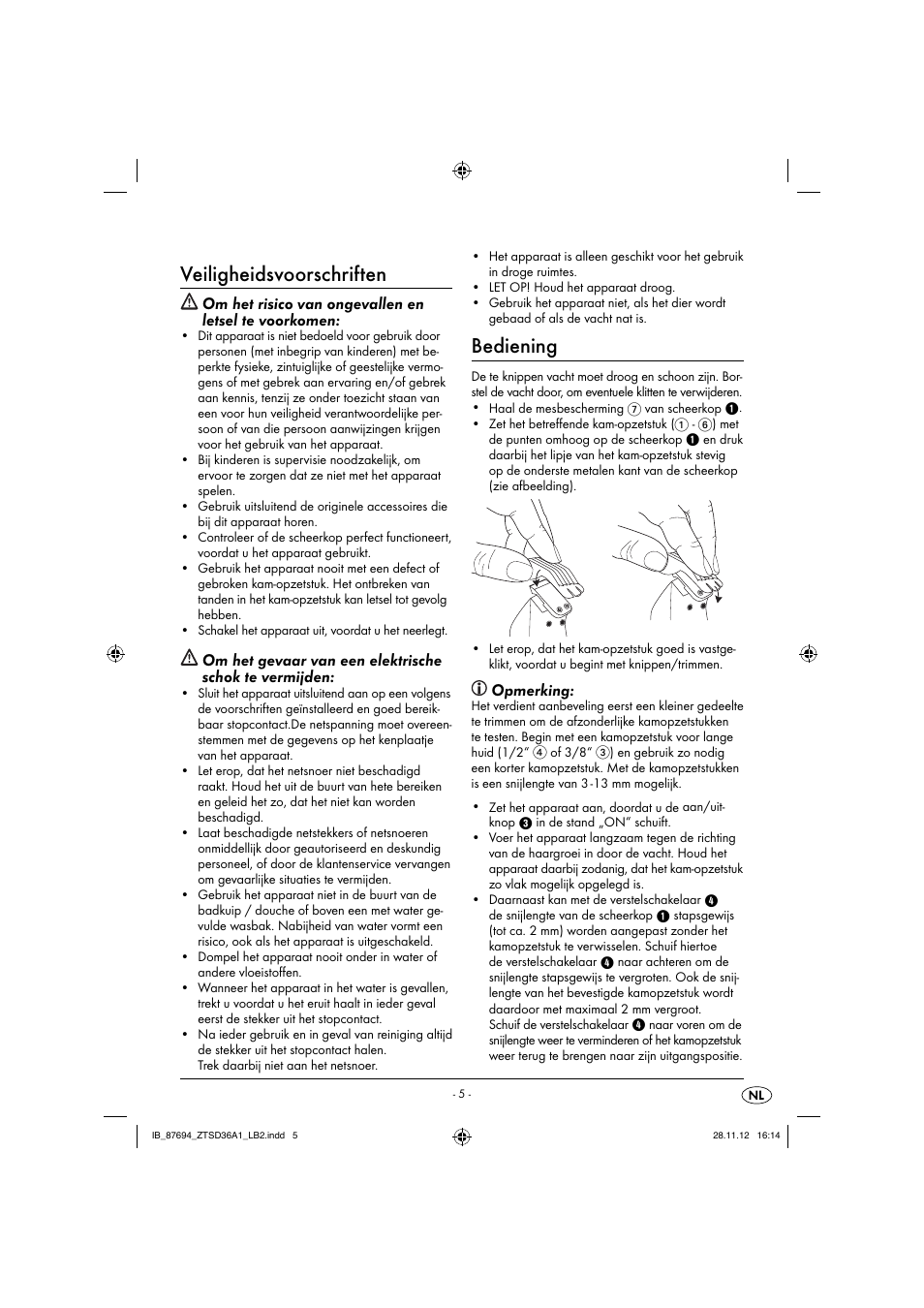 Veiligheidsvoorschriften, Bediening, Opmerking | Zoofari Animal Hair Trimmer ZTSD 36 A1 User Manual | Page 8 / 17