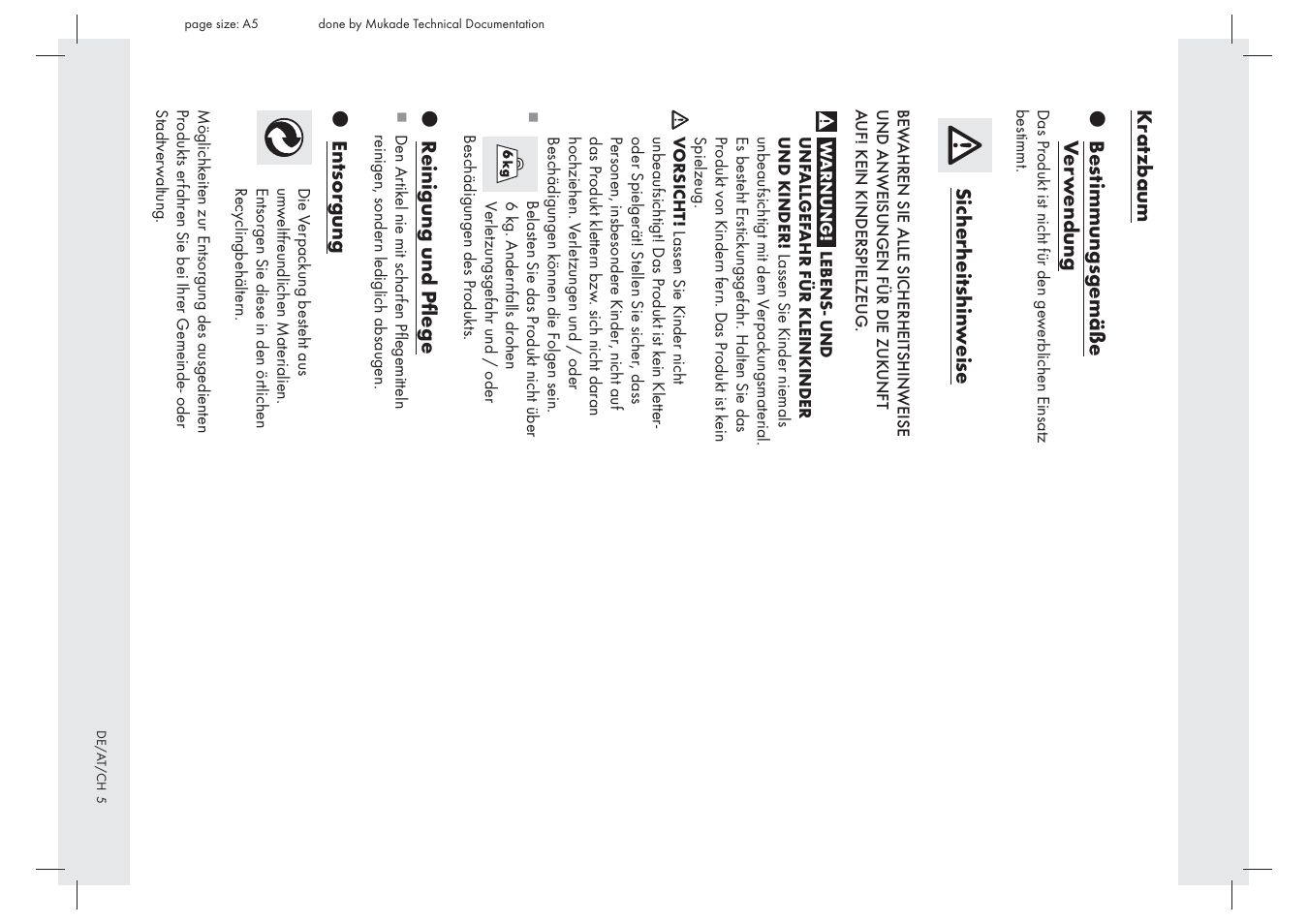 Kr atzbaum z bes timmungsgemäße v e rw endung, Sicherheitshin w eise, Z reinigung und pﬂege | Z entsor gung | Zoofari Cat See-Saw Z29571A User Manual | Page 5 / 7