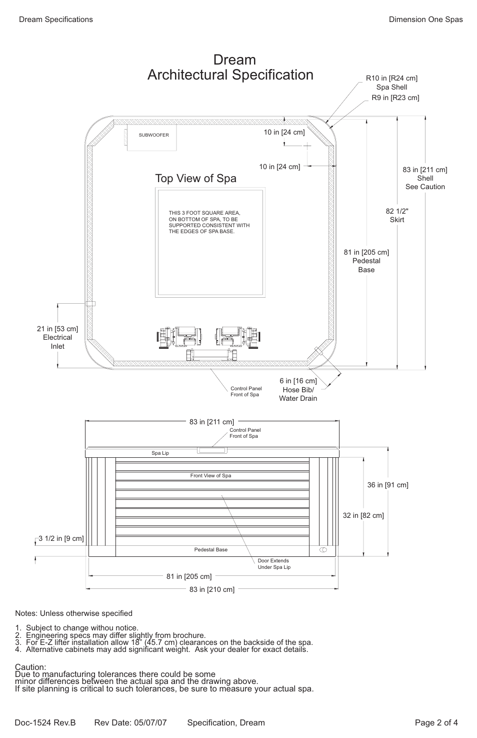 Dream, Architectural specification, Top view of spa | Dimension One Spas Dream User Manual | Page 2 / 2