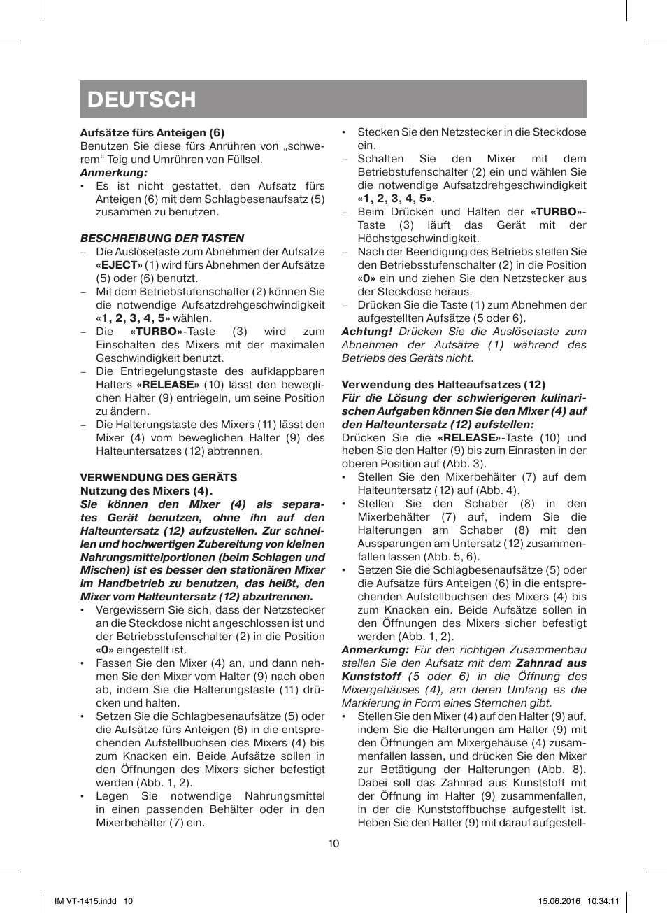 Deutsch | Vitek VT-1415 BK User Manual | Page 10 / 28