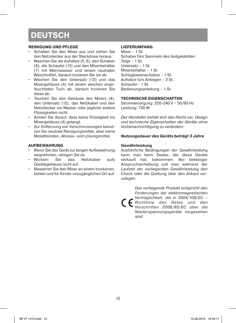 Deutsch | Vitek VT-1415 BK User Manual | Page 12 / 28