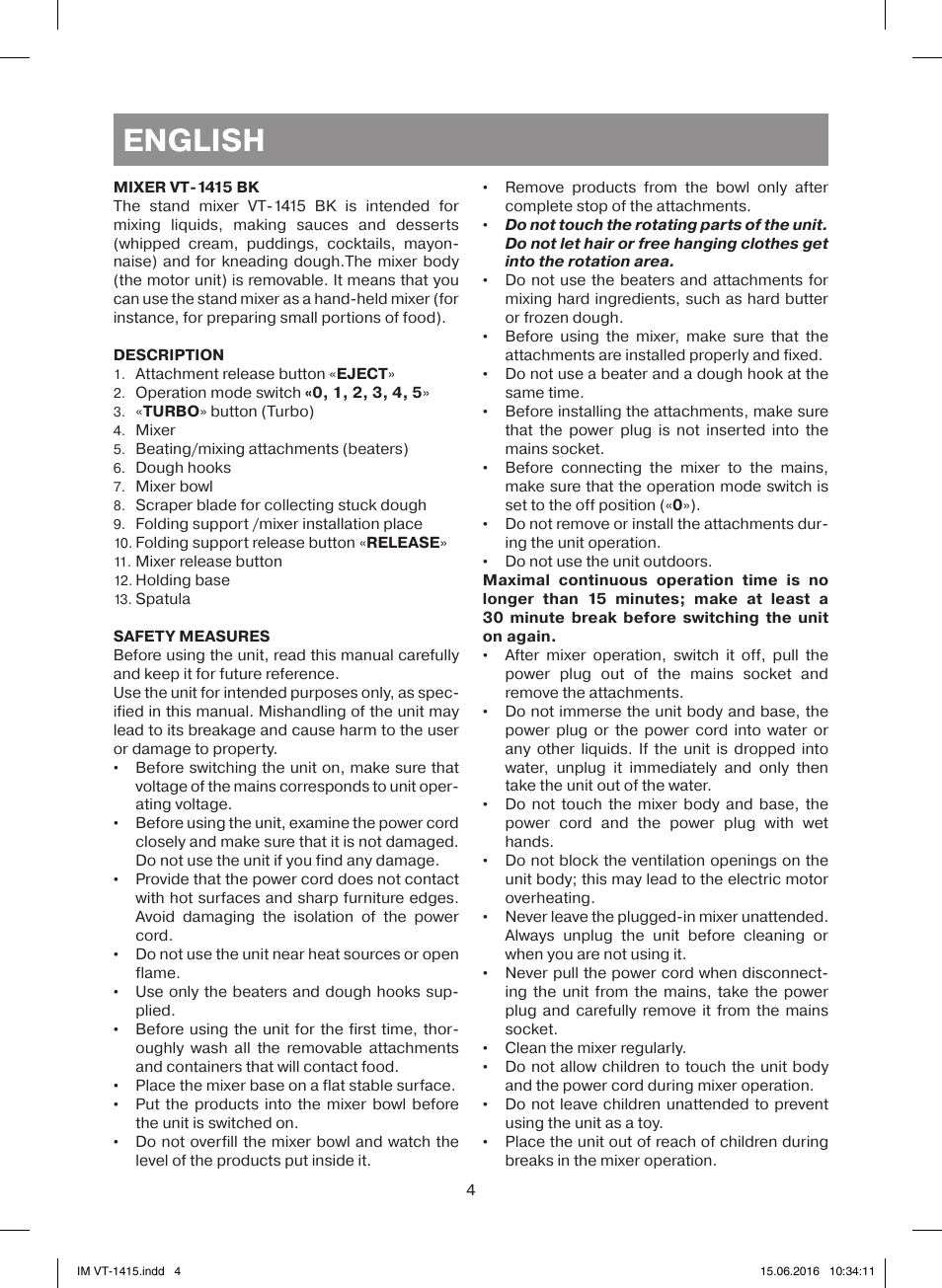 English | Vitek VT-1415 BK User Manual | Page 4 / 28