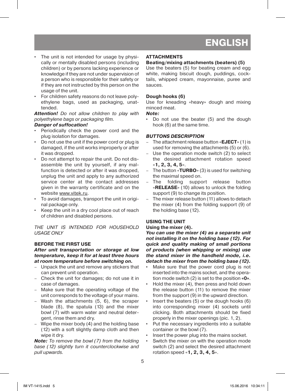 English | Vitek VT-1415 BK User Manual | Page 5 / 28