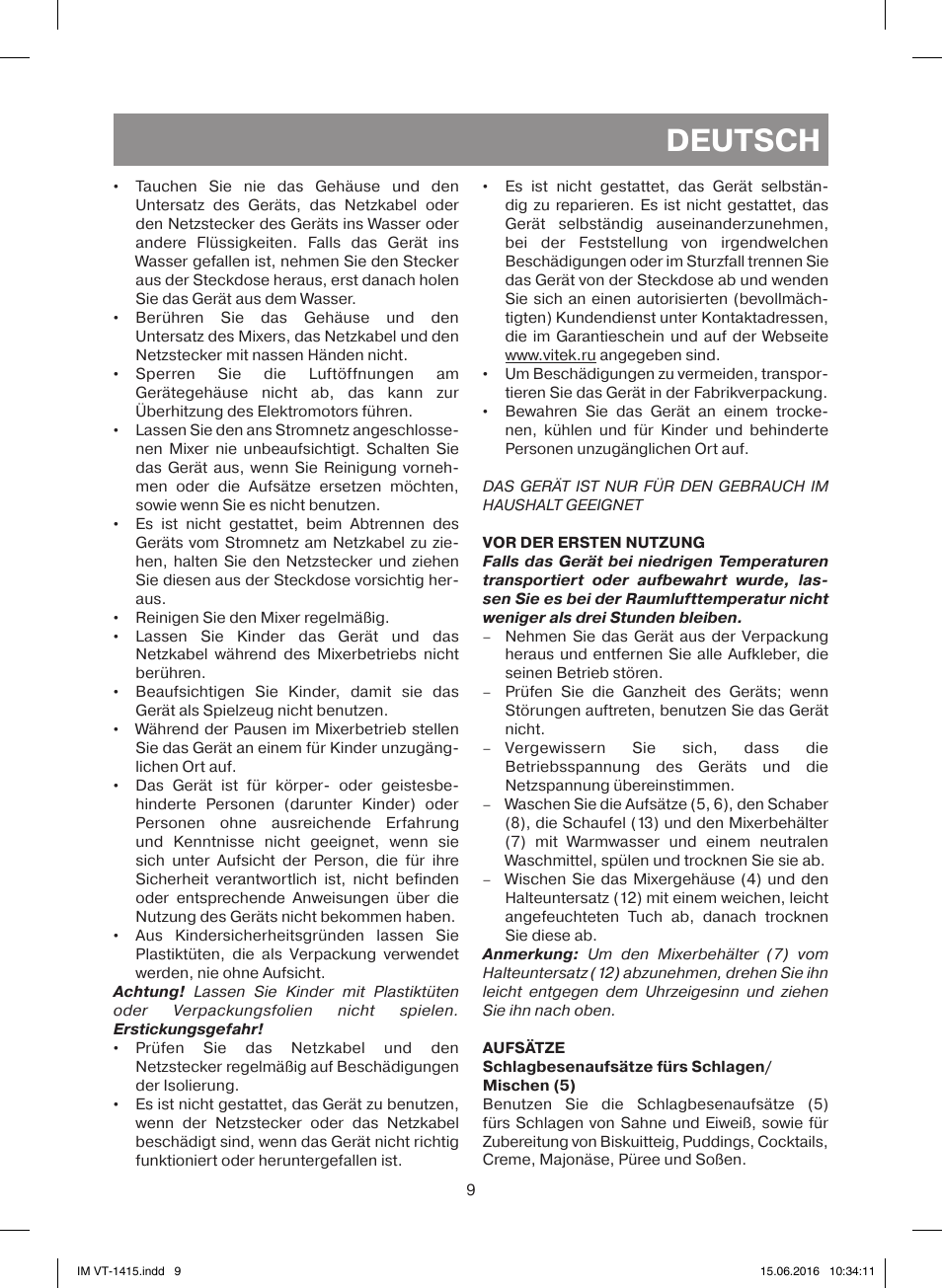 Deutsch | Vitek VT-1415 BK User Manual | Page 9 / 28