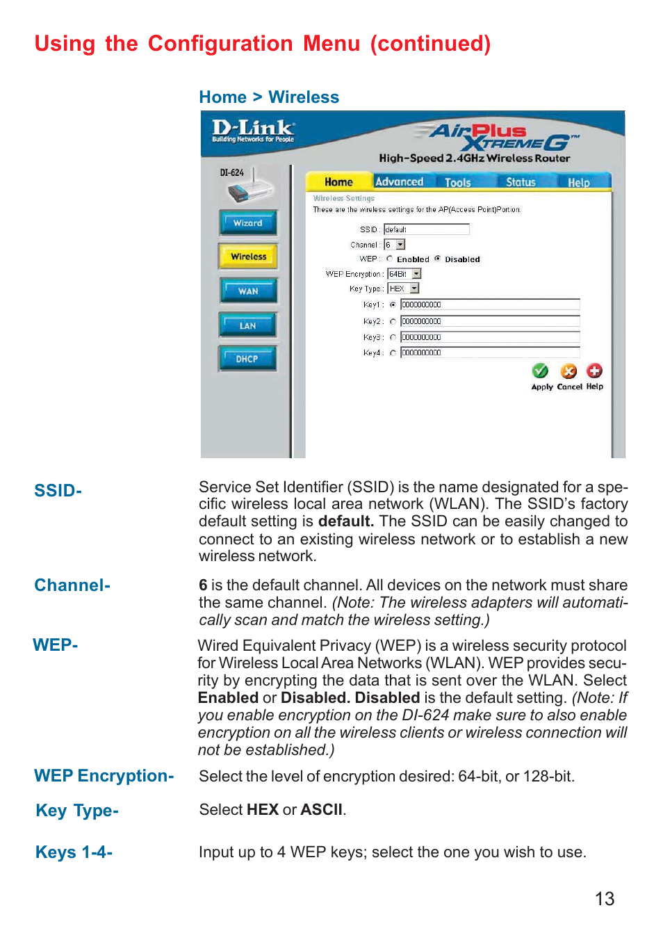 Using the configuration menu (continued) | D-Link DI-624 User Manual | Page 13 / 97