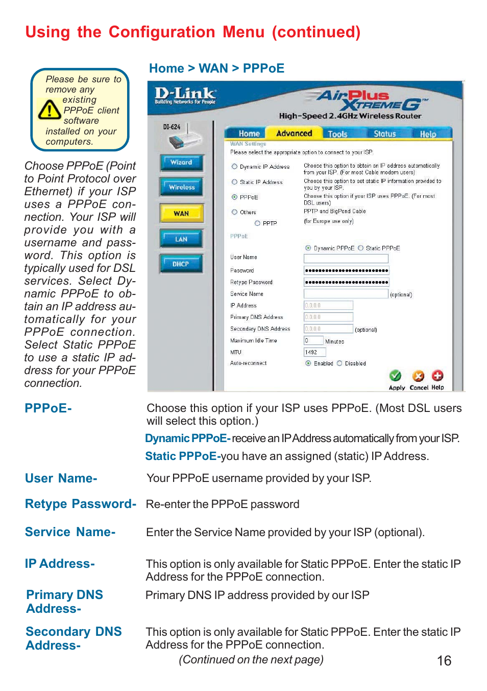 Using the configuration menu (continued) | D-Link DI-624 User Manual | Page 16 / 97