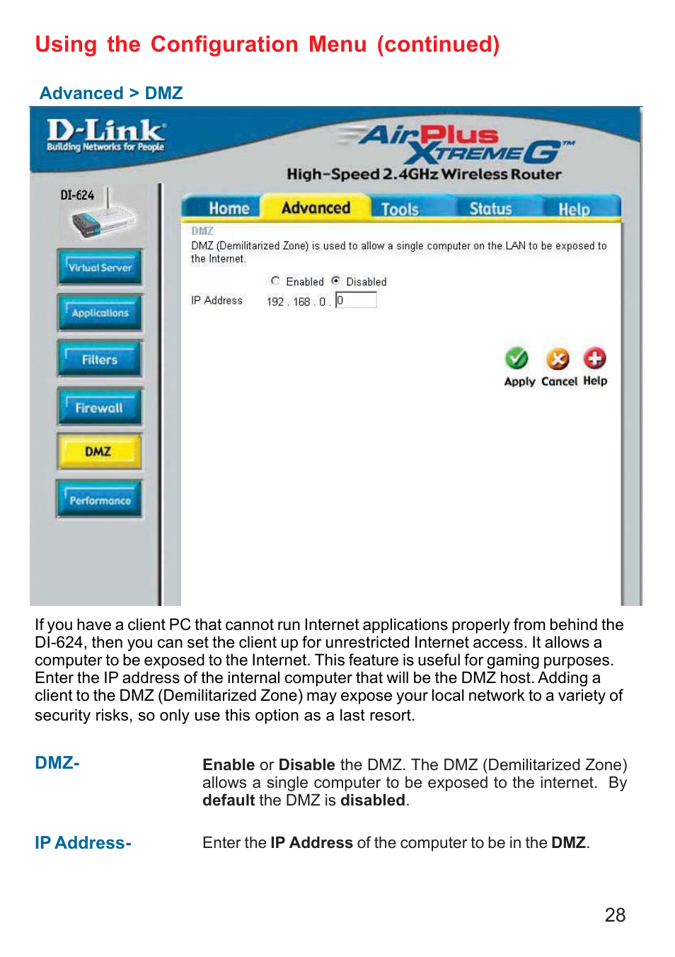 Using the configuration menu (continued) | D-Link DI-624 User Manual | Page 28 / 97