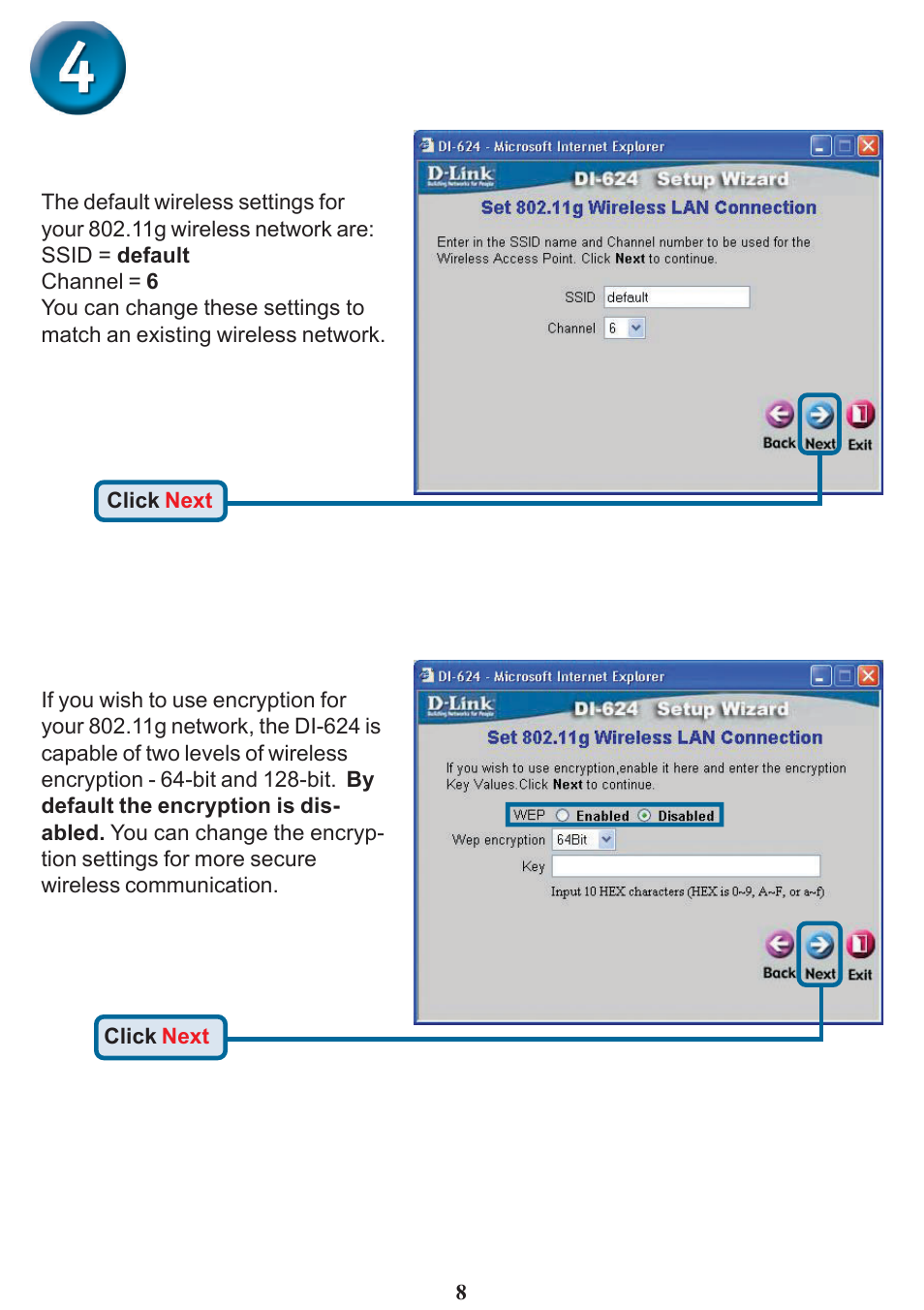 The setup wizard (continued), Wireless setup | D-Link DI-624 User Manual | Page 8 / 12