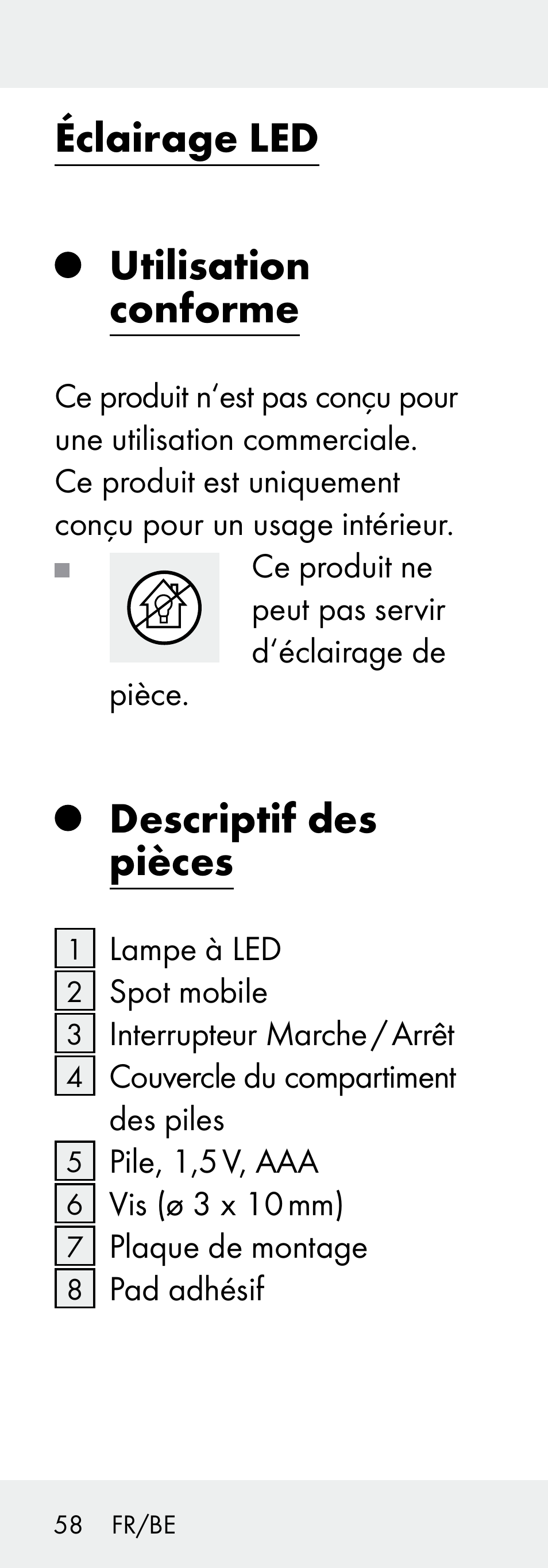 Éclairage led utilisation conforme, Descriptif des pièces | Livarno 102738-14-01/ 102738-14-02 User Manual | Page 58 / 102